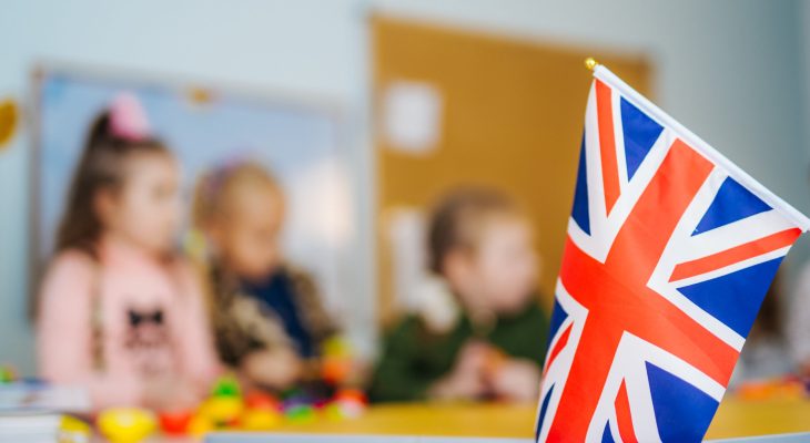 Learn English. School Children. Education in the United Kingdom. Flag of Great Britain.